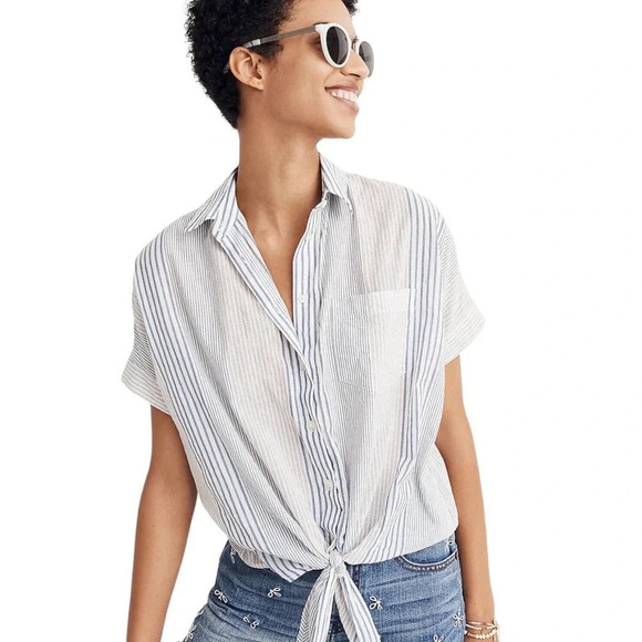 Madewell Tie-Front Crop Shirt Size Small Short Sleeve Rawley Stripe - Picture 7 of 7